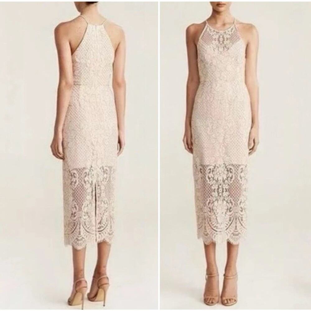 Shona Joy Lace High Neck Midi Dress Beige NWT Sz 10 Sheer Lined Easter Wedding